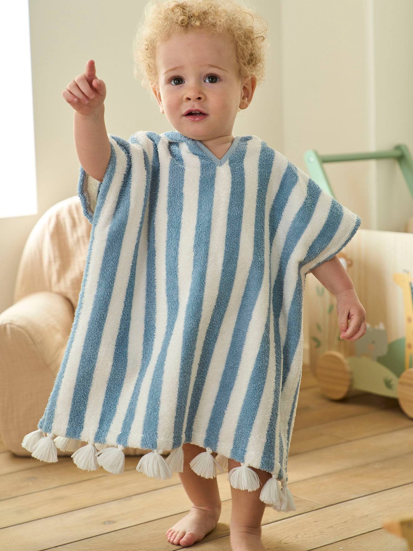 Poncho de bain bébé à rayures personnalisable - bleu, Linge de lit & Déco