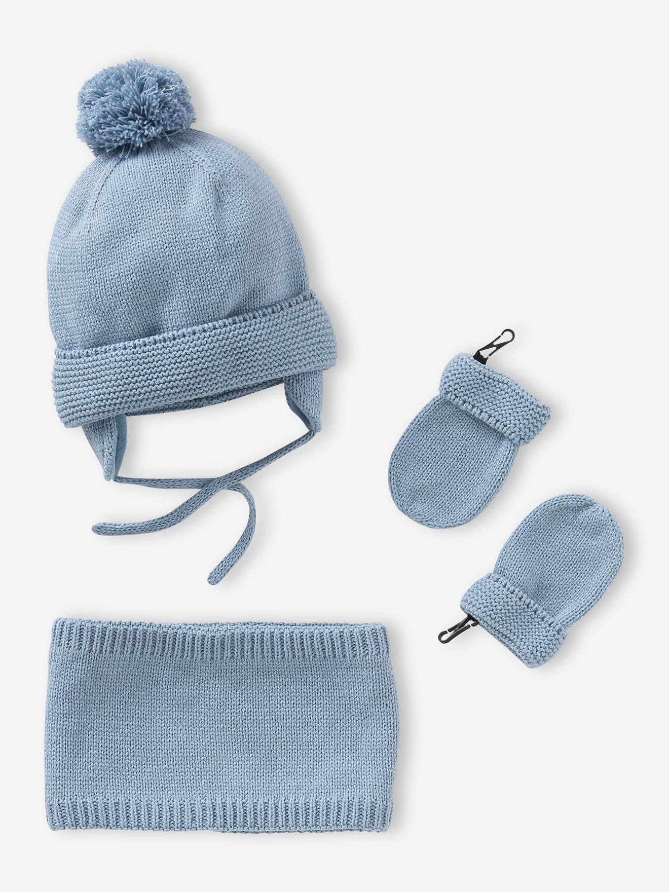 Ensemble bébé garçon bonnet + snood + moufles BASICS - bleu grisé, Bébé