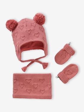 -Ensemble bébé fille bonnet + snood + moufles coeurs