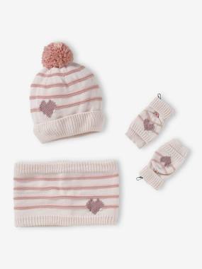 Fille-Accessoires-Ensemble bonnet + snood + moufles/mitaines rayures/coeur fille