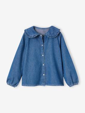 Girls-Blouses, Shirts & Tunics-Denim Blouse with Maxi Ruffled Peter Pan Collar, for Girls