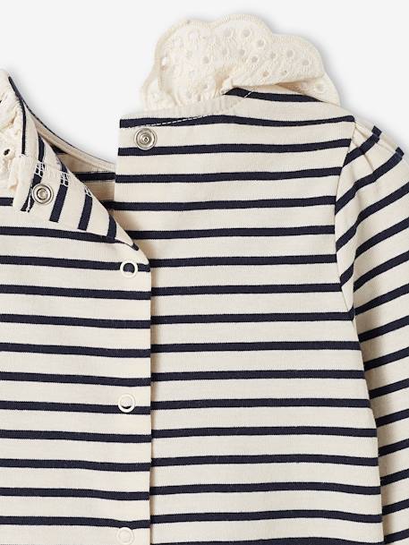 Long Sleeve Top with Embroidered Collar, for Babies BEIGE LIGHT SOLID+striped navy blue - vertbaudet enfant 