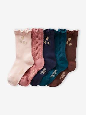 Fille-Lot de 5 paires de chaussettes coeurs en maille torsadée et côtelée fille