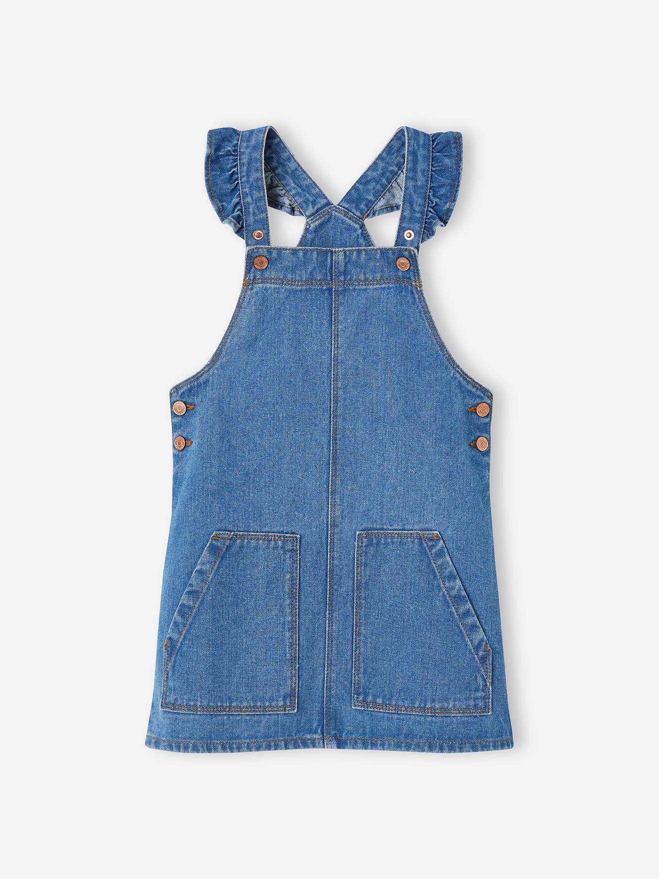 Denim Dungaree Dress with Frilly Straps for Girls - stone