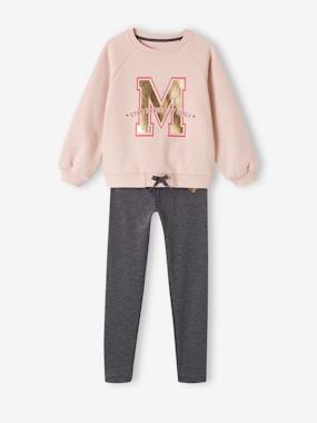 Girls-Trousers-Sports Combo: Fleece Sweatshirt + Leggings in Techno Fabric, for Girls