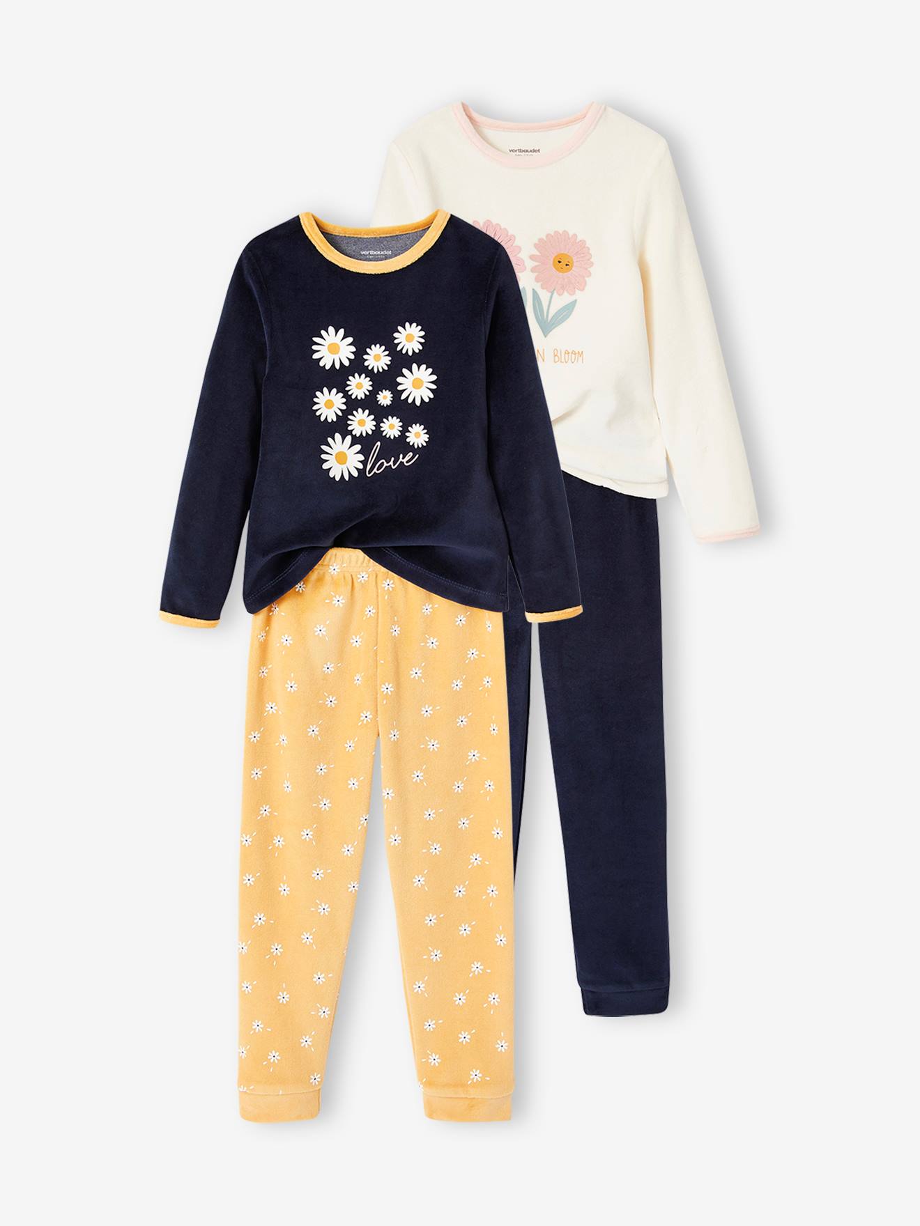 Lot De 2 Pyjamas Fille En Velours Fleuri - Manches Longues, Pantalon élastiqué - 75% Coton, 25% Polyester Recyclé - VERTBAUDET - 12