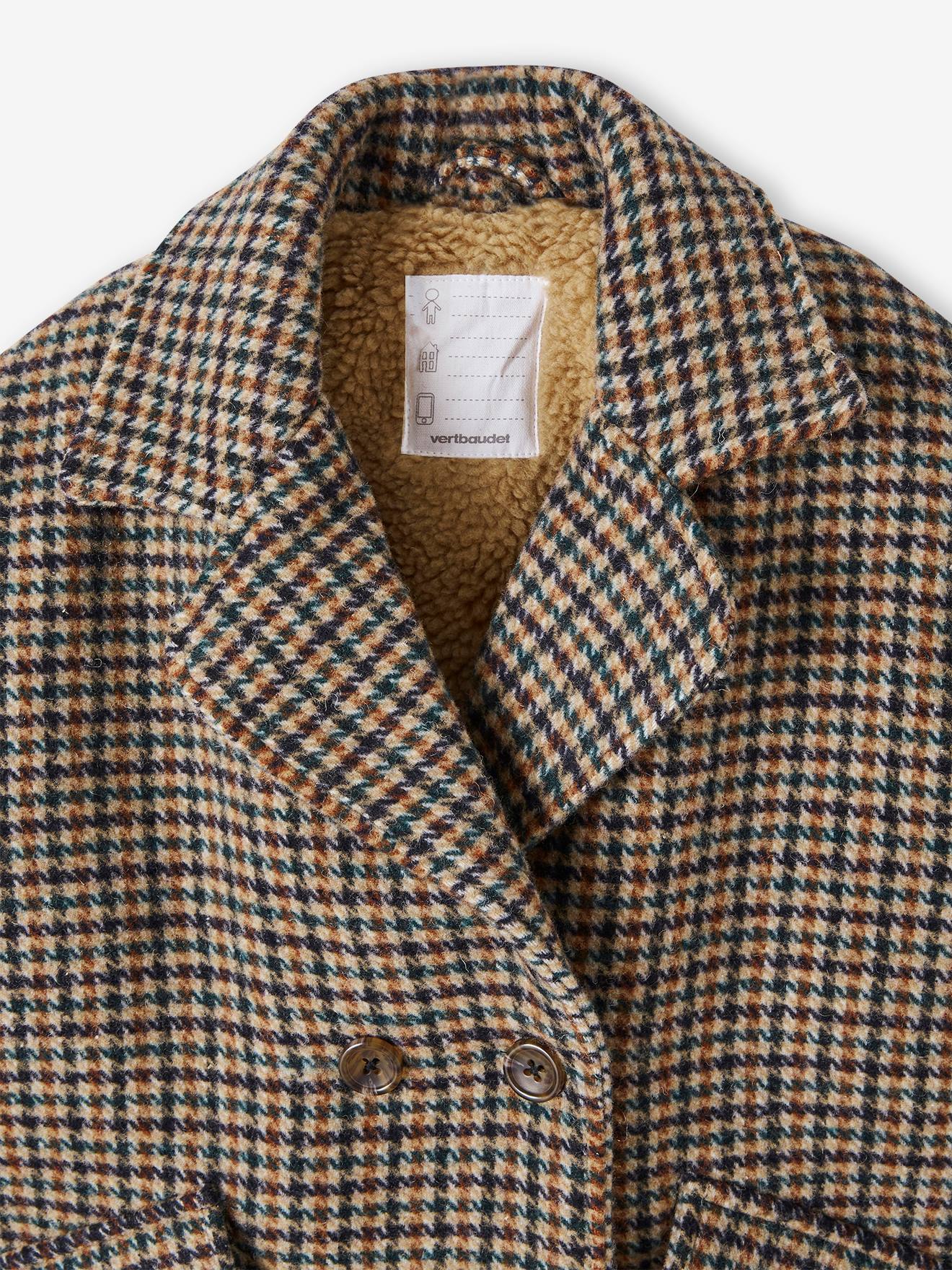 Coat in Woollen Checks & Sherpa Lining for Girls - chequered beige
