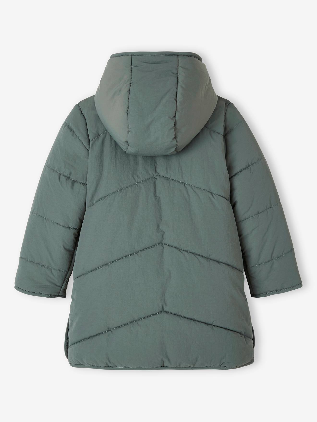 Long Lightly Padded Jacket with Shiny Hood for Girls Green