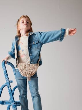 Fille-Veste en jean animation fleurs pop au dos fille