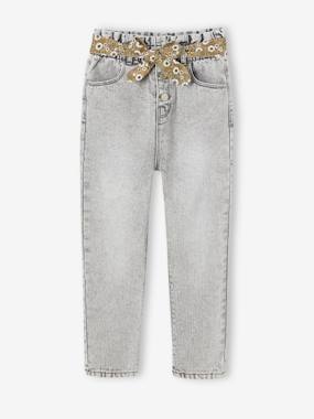 Girls-Jeans-Paperbag Jeans + Floral Belt, for Girls