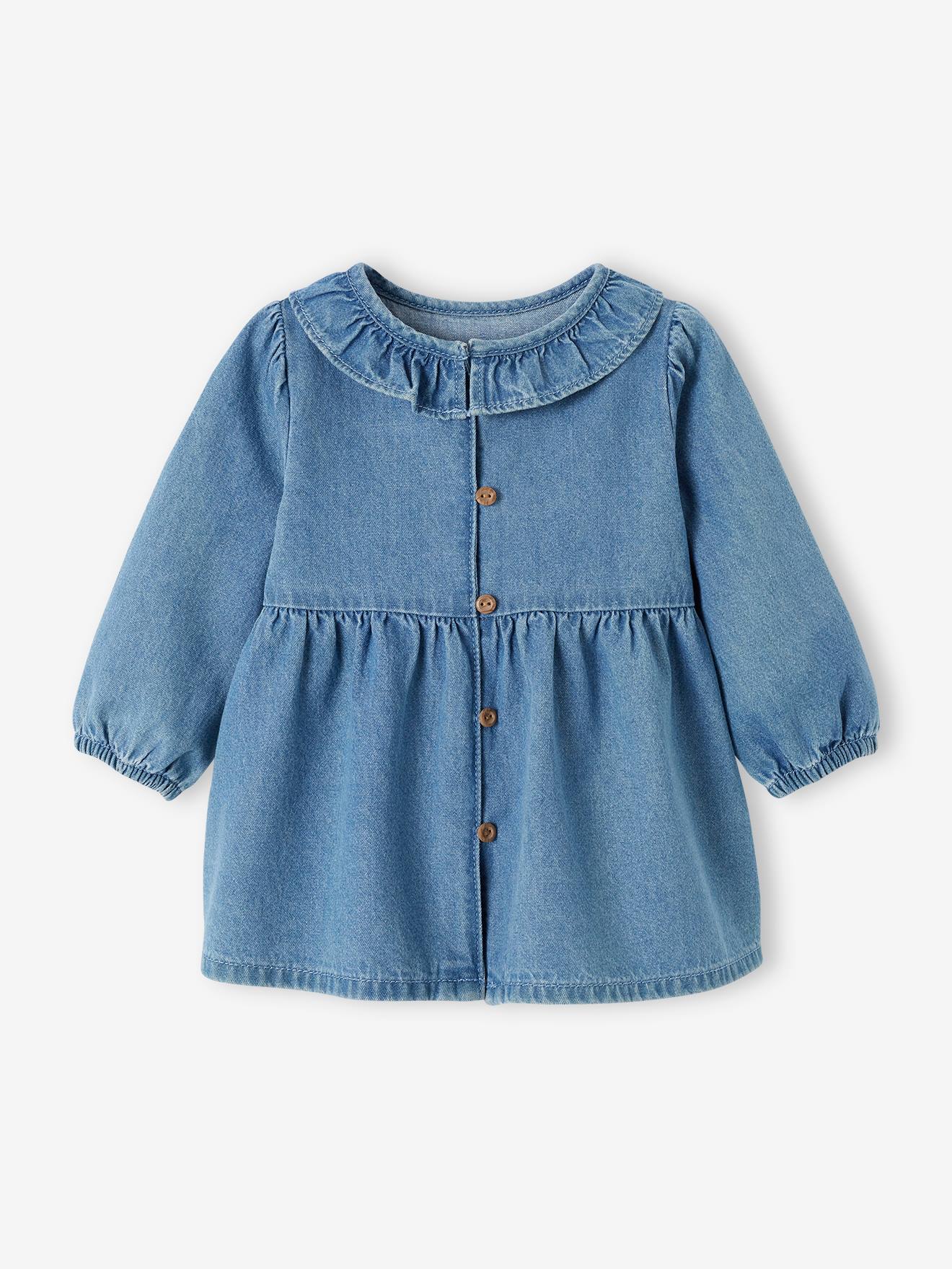 Denim Dress with Ruffled Collar for Babies - stone