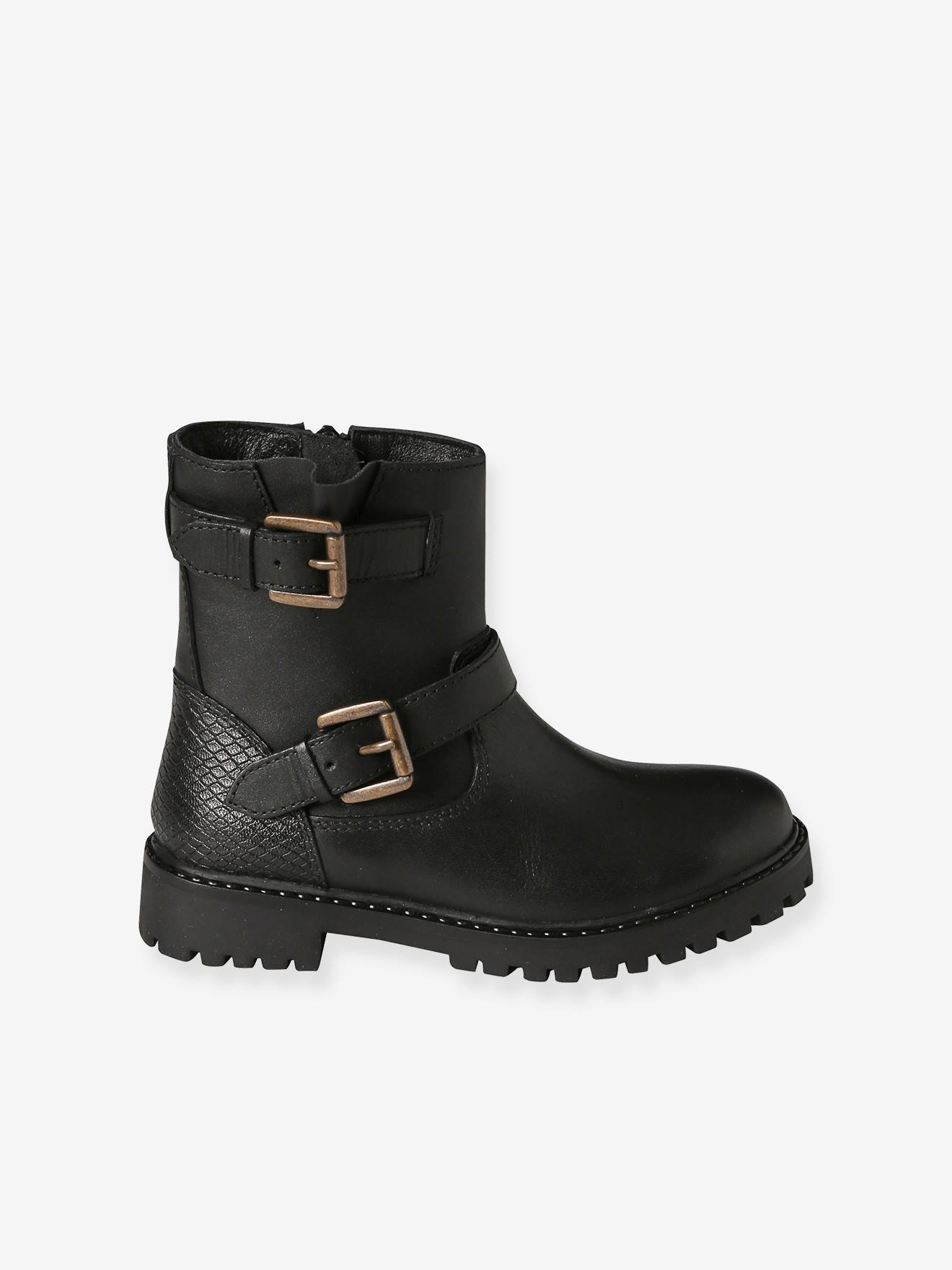 ショートブーツ・ブーティ DEINET TEDDY BEAR BUCKLE BOOTS IN LEATHER BLACK Leather Ankle Boots with Straps & Zips for Girls - black, Shoes