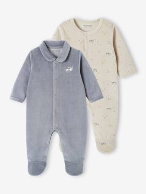 Baby-Pyjamas & Sleepsuits-Pack of 2 Sleepsuits in Velour for Newborn Babies