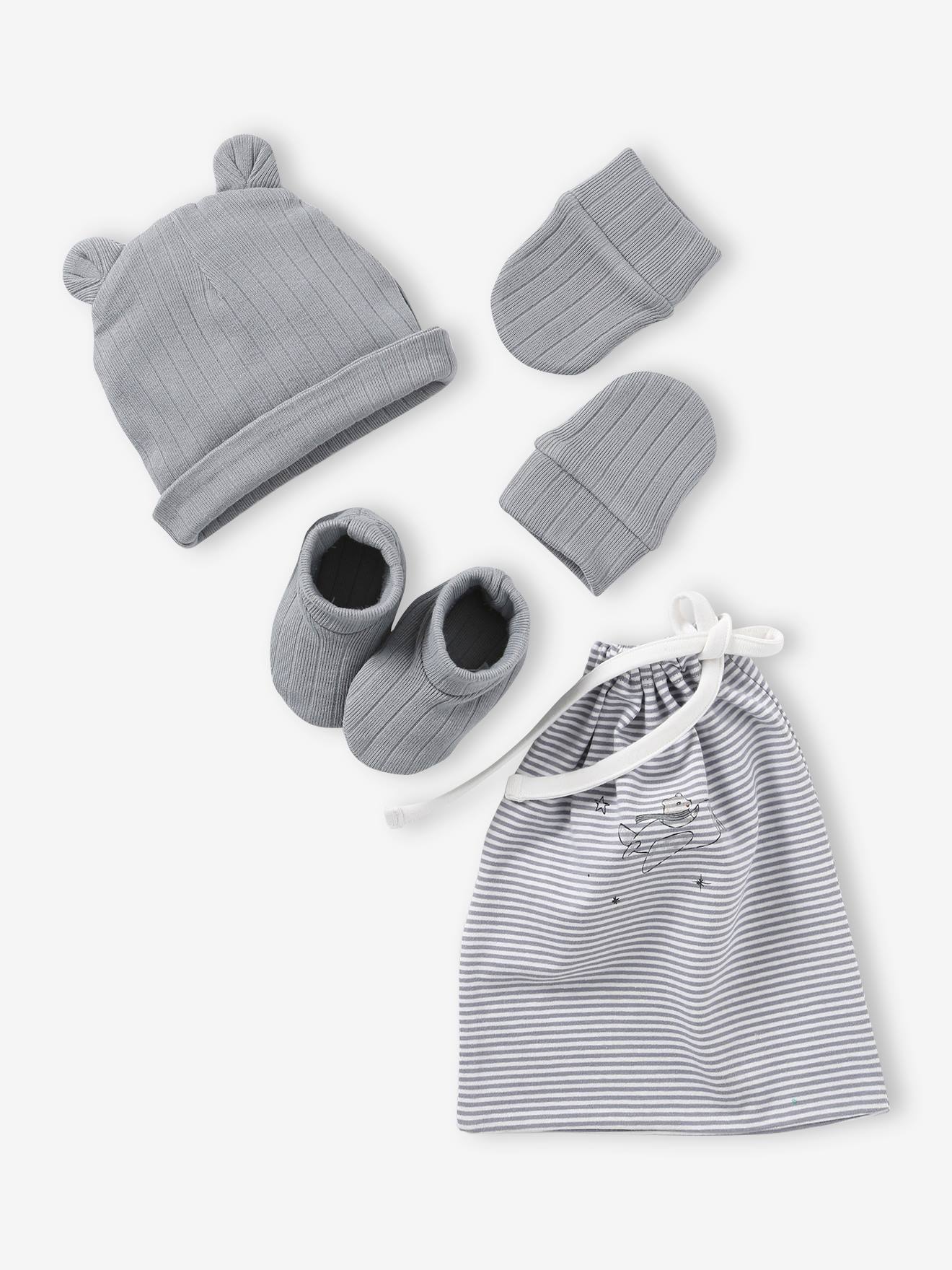 Ensemble bonnet, moufles et chaussons bébé naissance et son sac assorti -  bleu grisé, Bébé