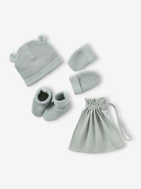 Bébé-Ensemble bonnet, moufles et chaussons bébé naissance et son pochon personnalisable