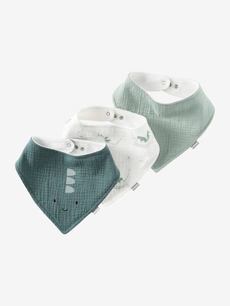 3 Bandana-Style Bibs in Cotton Gauze Brown+crystal blue+GREEN DARK ALL OVER PRINTED+Light Green+old rose+sage green+White/Print - vertbaudet enfant 