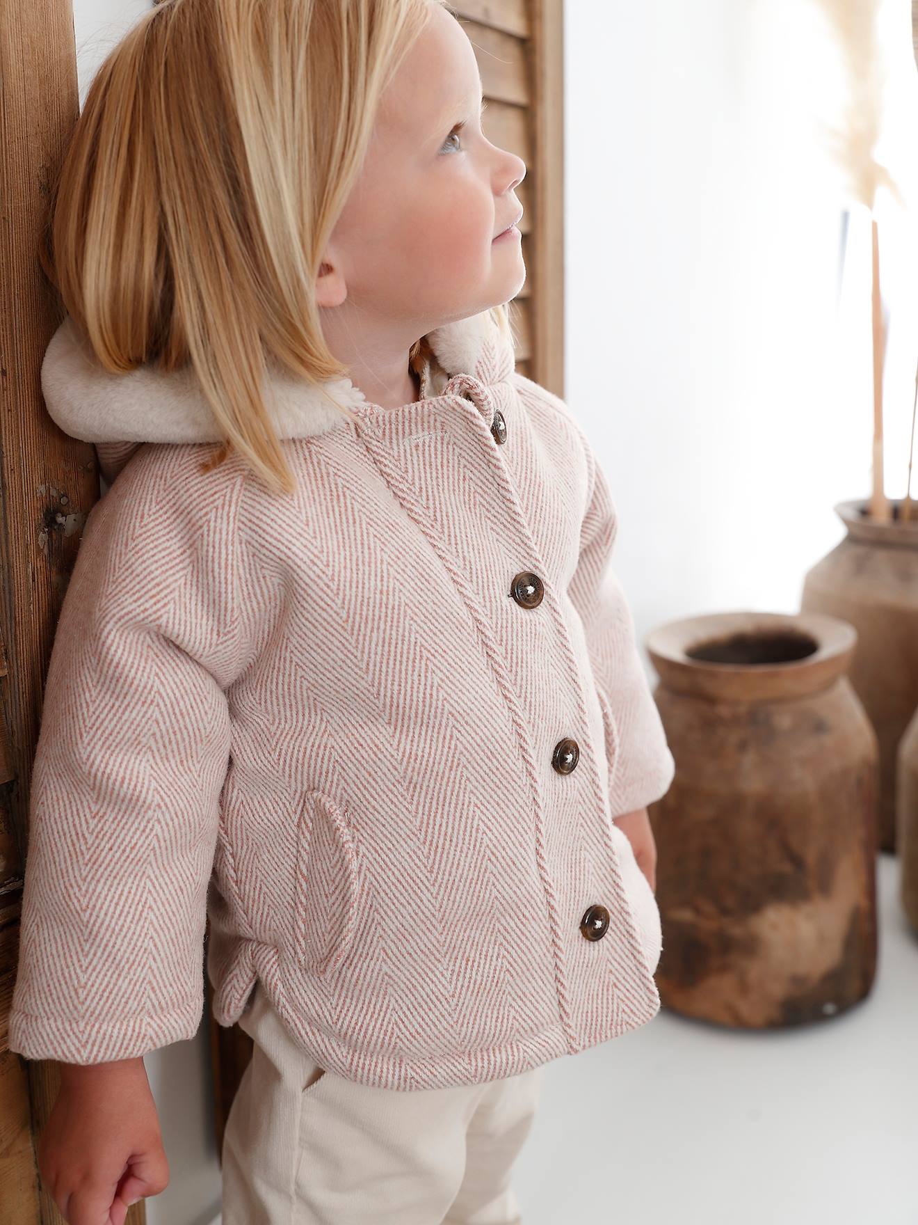 Woollen Coat Lined in Faux Fur for Babies - rose, Baby