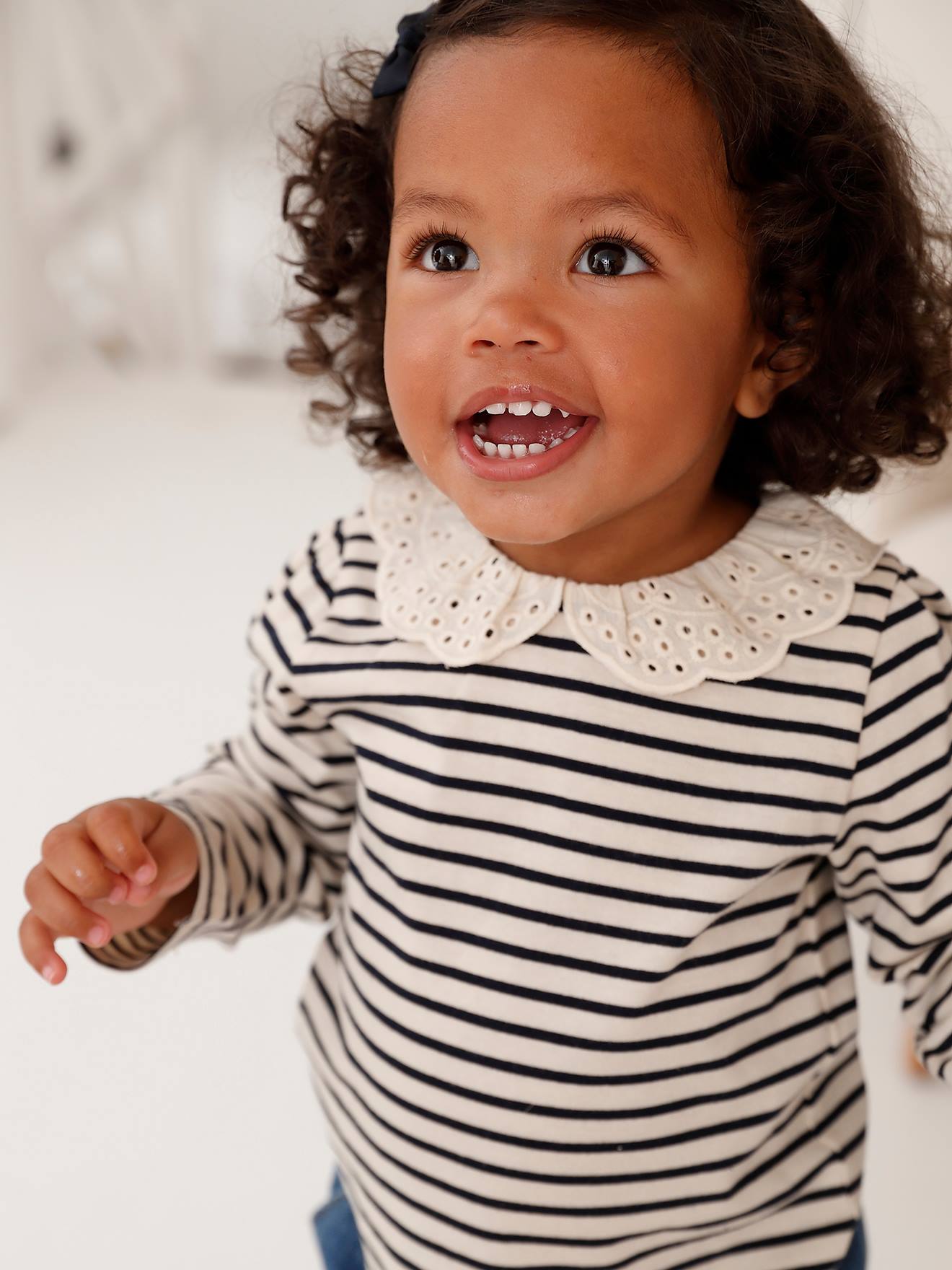 Long Sleeve Top with Embroidered Collar, for Babies - striped navy