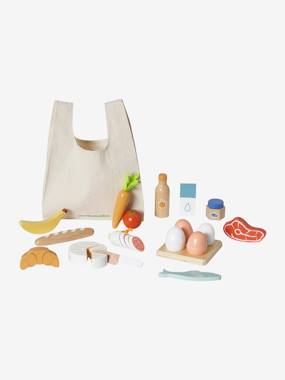 Toys-Set of Food Items + Shopping Bag, in Certified Wood