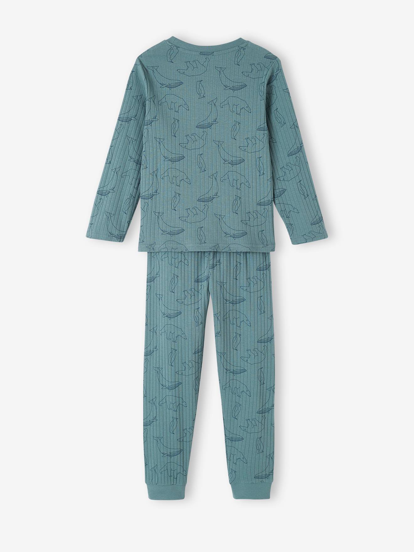 Pyjama Long Garçon en Coton - Gris Chiné Imprimé / Vert