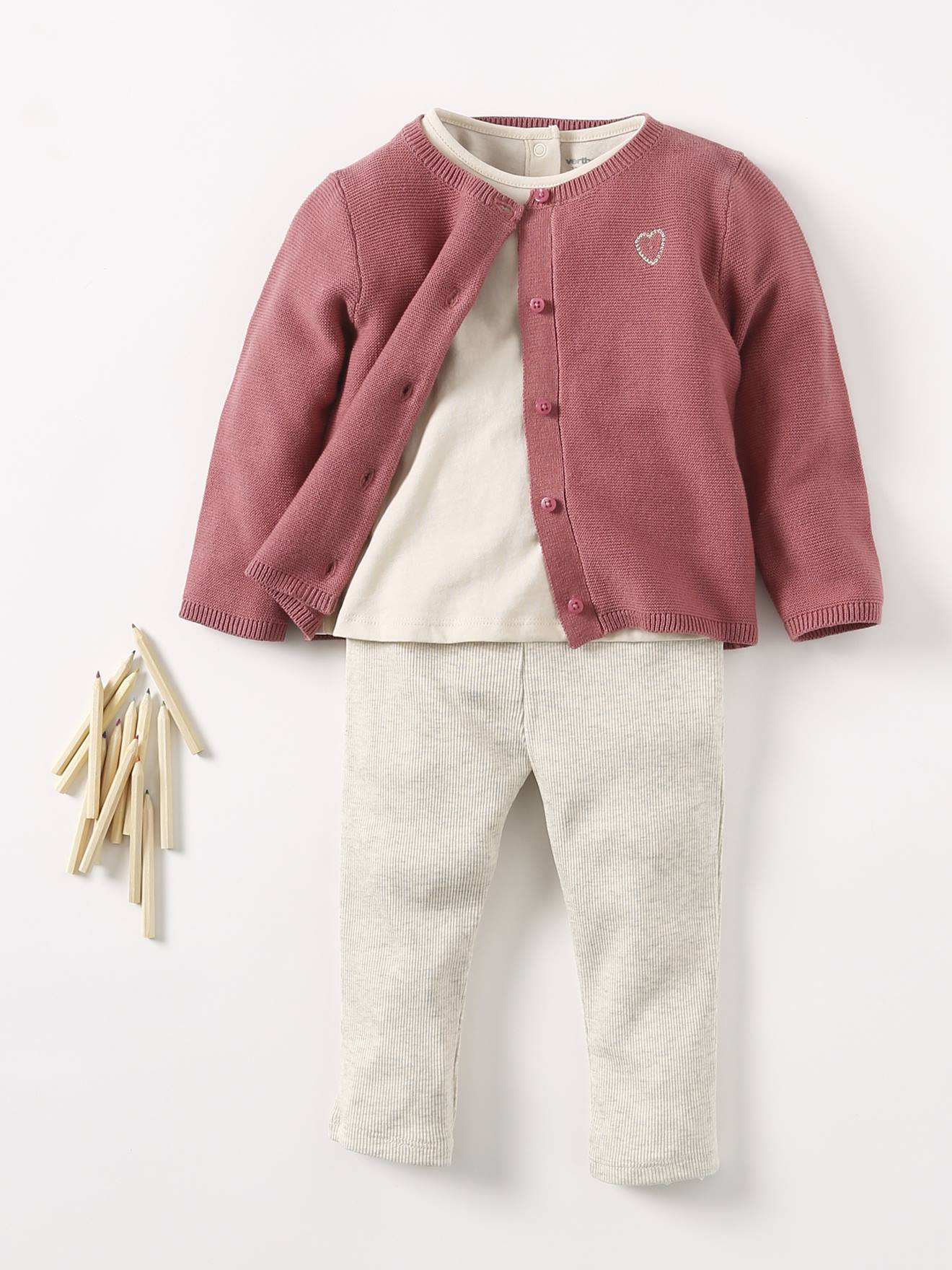 VERTBAUDET Cardigan Broderie Dorée Cœur Bébé Vieux Rose 12M (74cm)