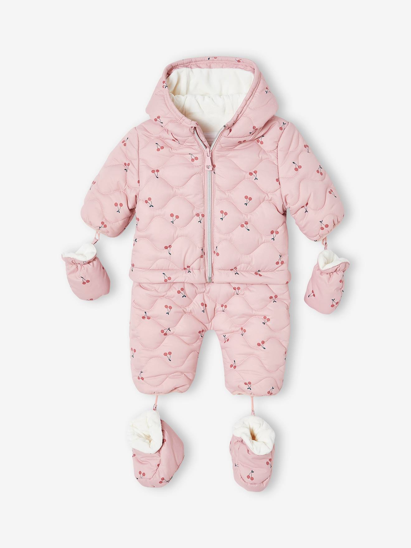 combinaison pilote bebe fille avec capuche et moufles rose