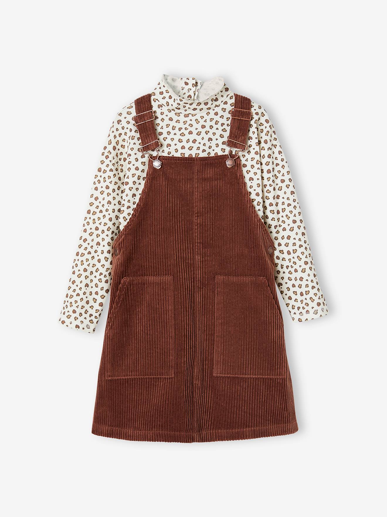 Top + Corduroy Dungaree Dress Outfit for Girls - chocolate