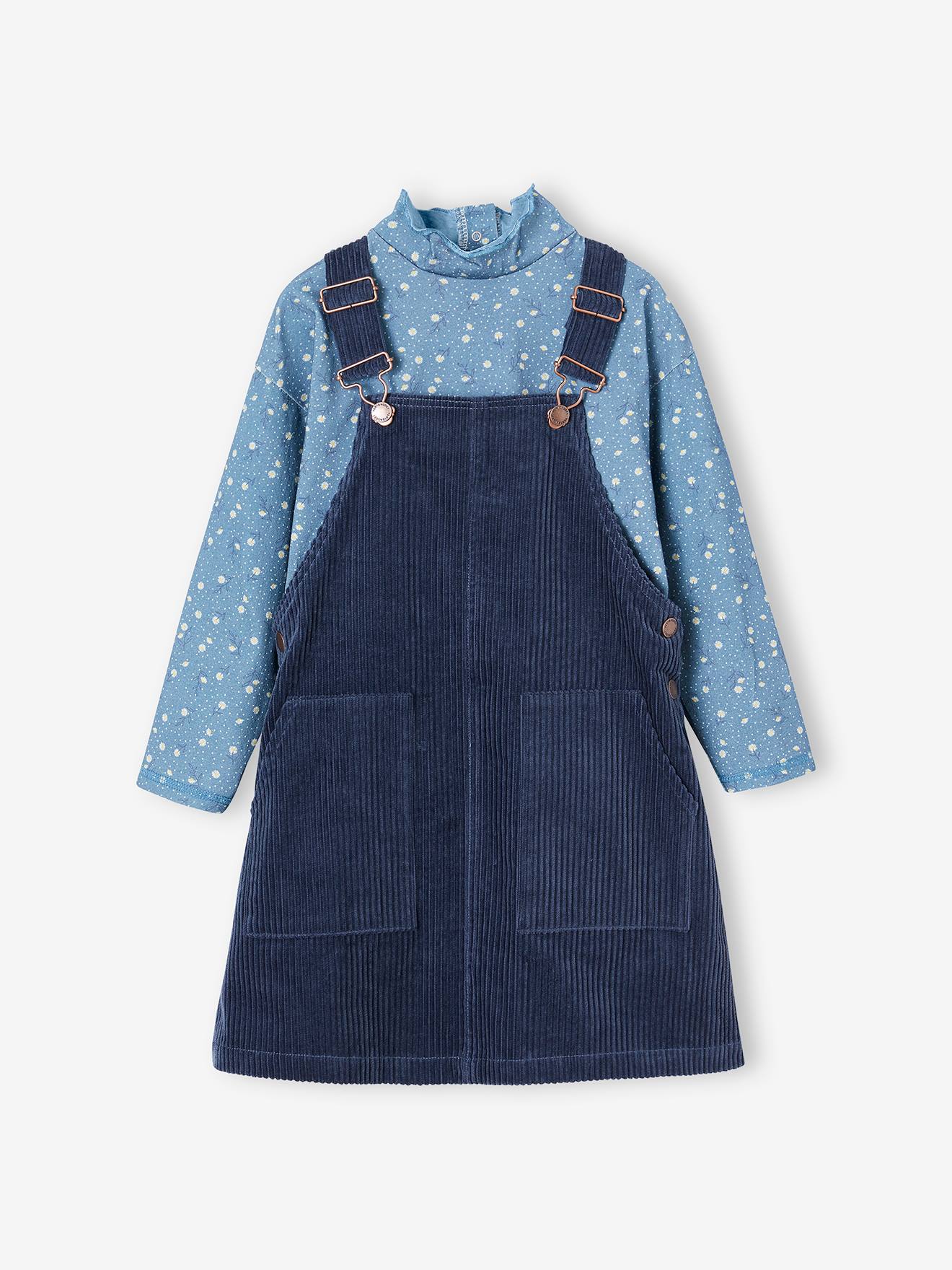 Top + Corduroy Dungaree Dress Outfit for Girls - night blue