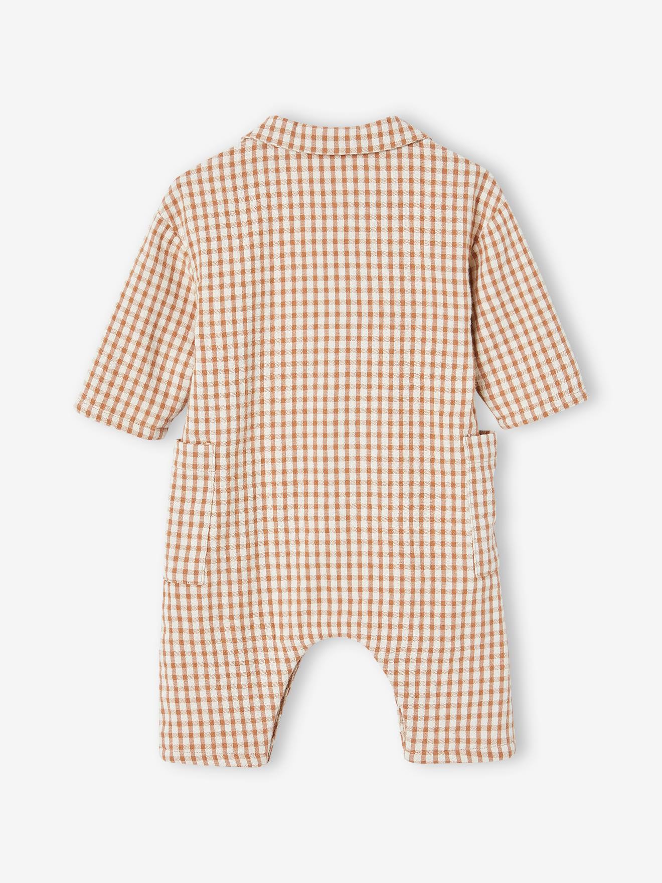 Cotton Gauze Jumpsuit, Lined, for Babies - chequered brown