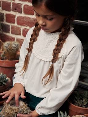 Tee-shirt Blouse Fille VERTBAUDET - Manches Longues Avec Broderie Anglaise Et Volants, 100% Coton