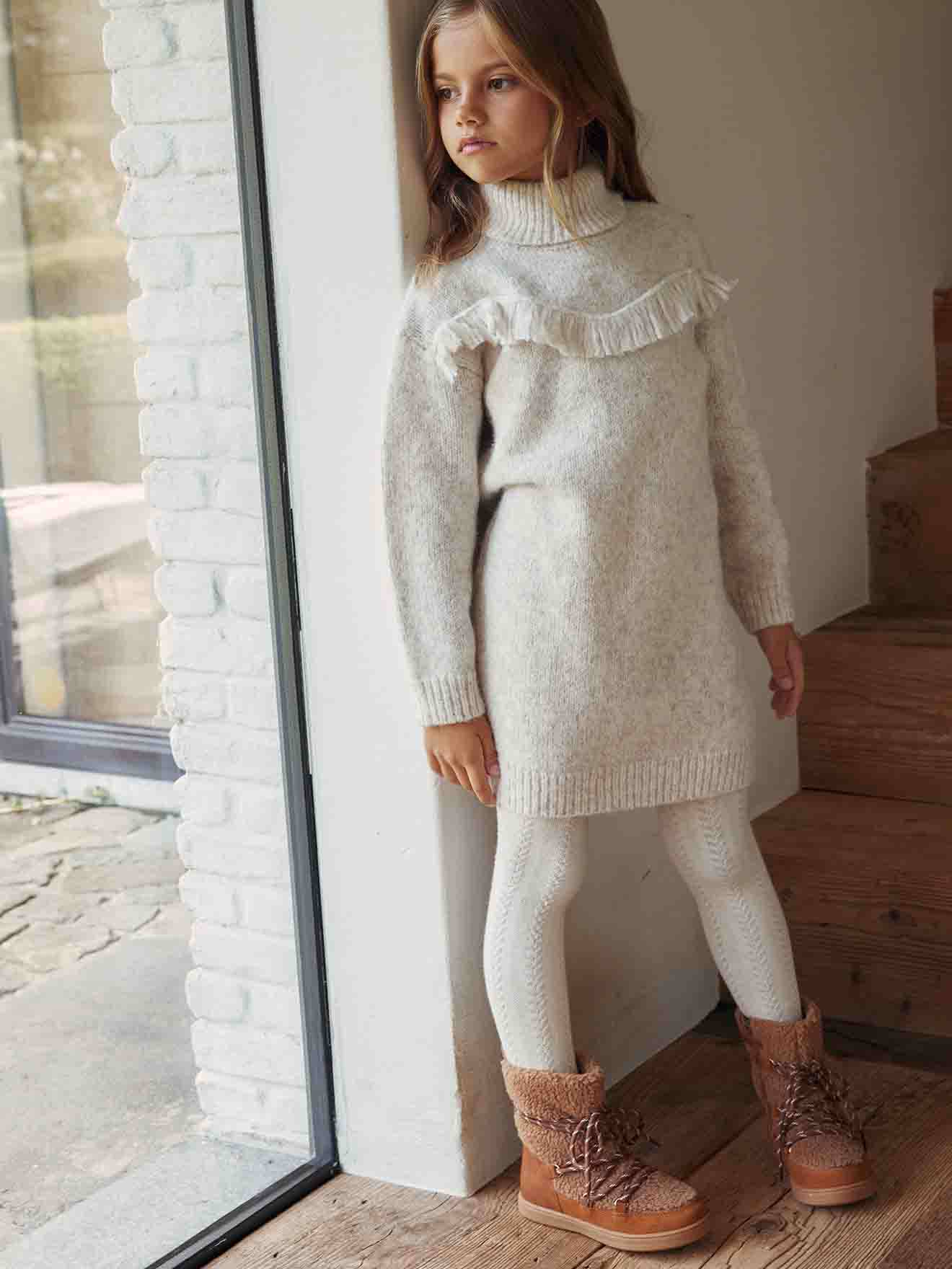 Knitted Dress Embellished with Fringes for Girls - marl beige, Girls