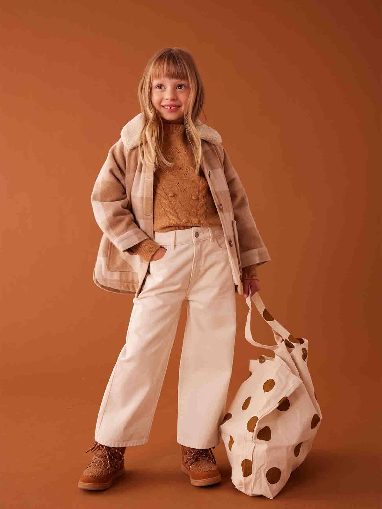 Shacket-Style Coat in Chequered Wool for Girls chequered brown