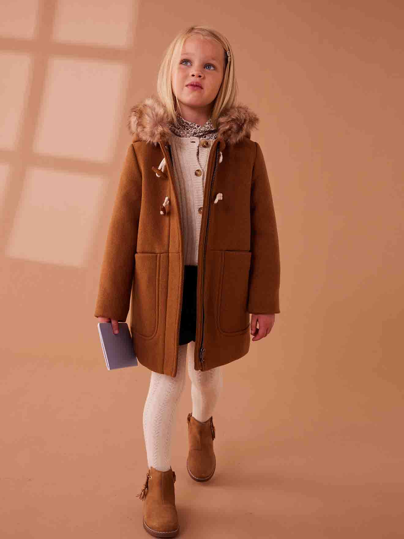 Duffle-coat à capuche fille drap de laine camel, Fille