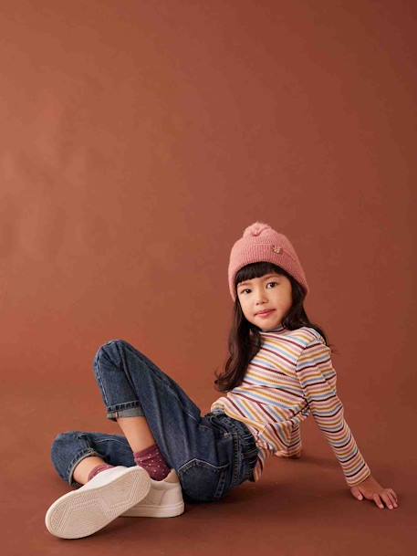 Polo Neck Top in Rib Knit for Girls multicoloured+striped blue - vertbaudet enfant 