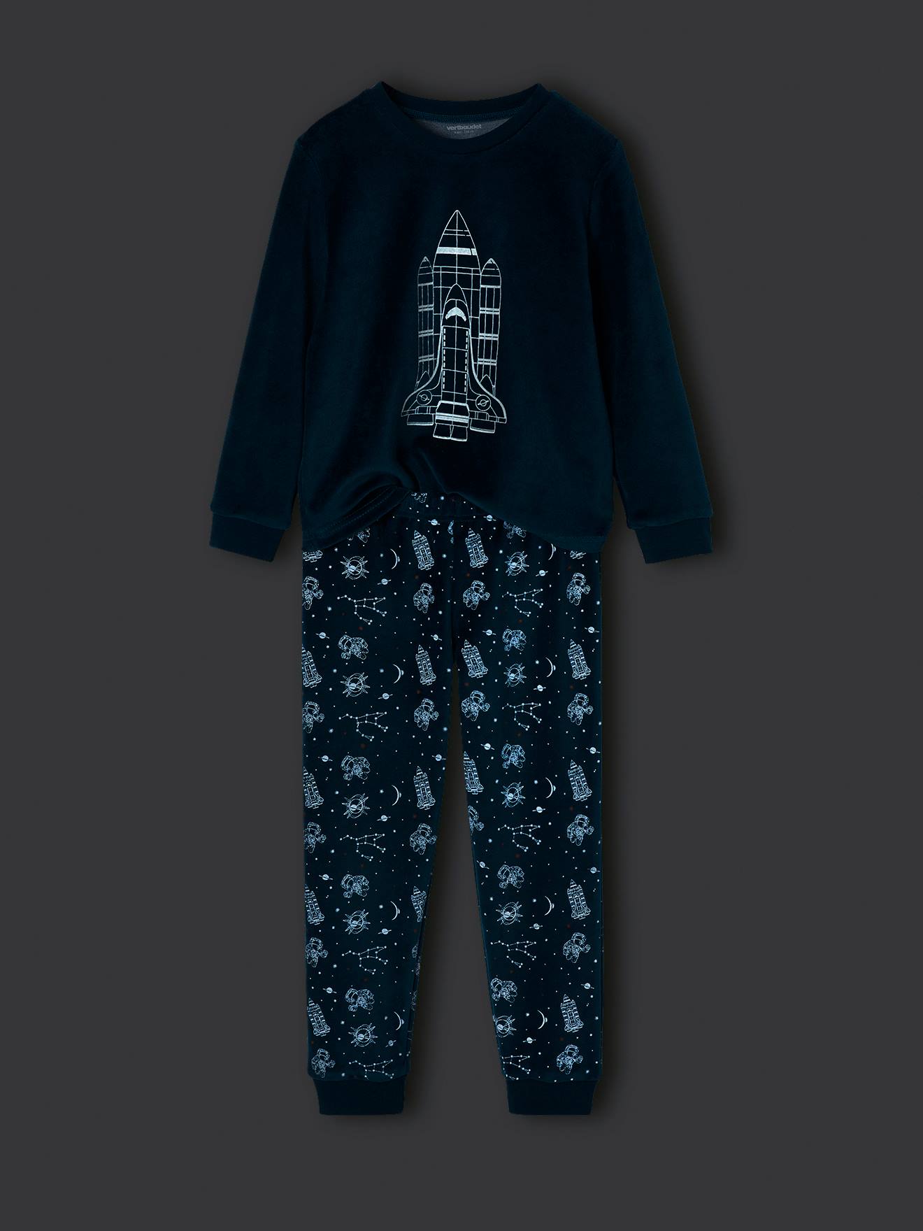 VERTBAUDET Pyjama Garçon Velours Fusée Phosphorescente – Long Manches – Imprimé Lumineux Dans Le Noir