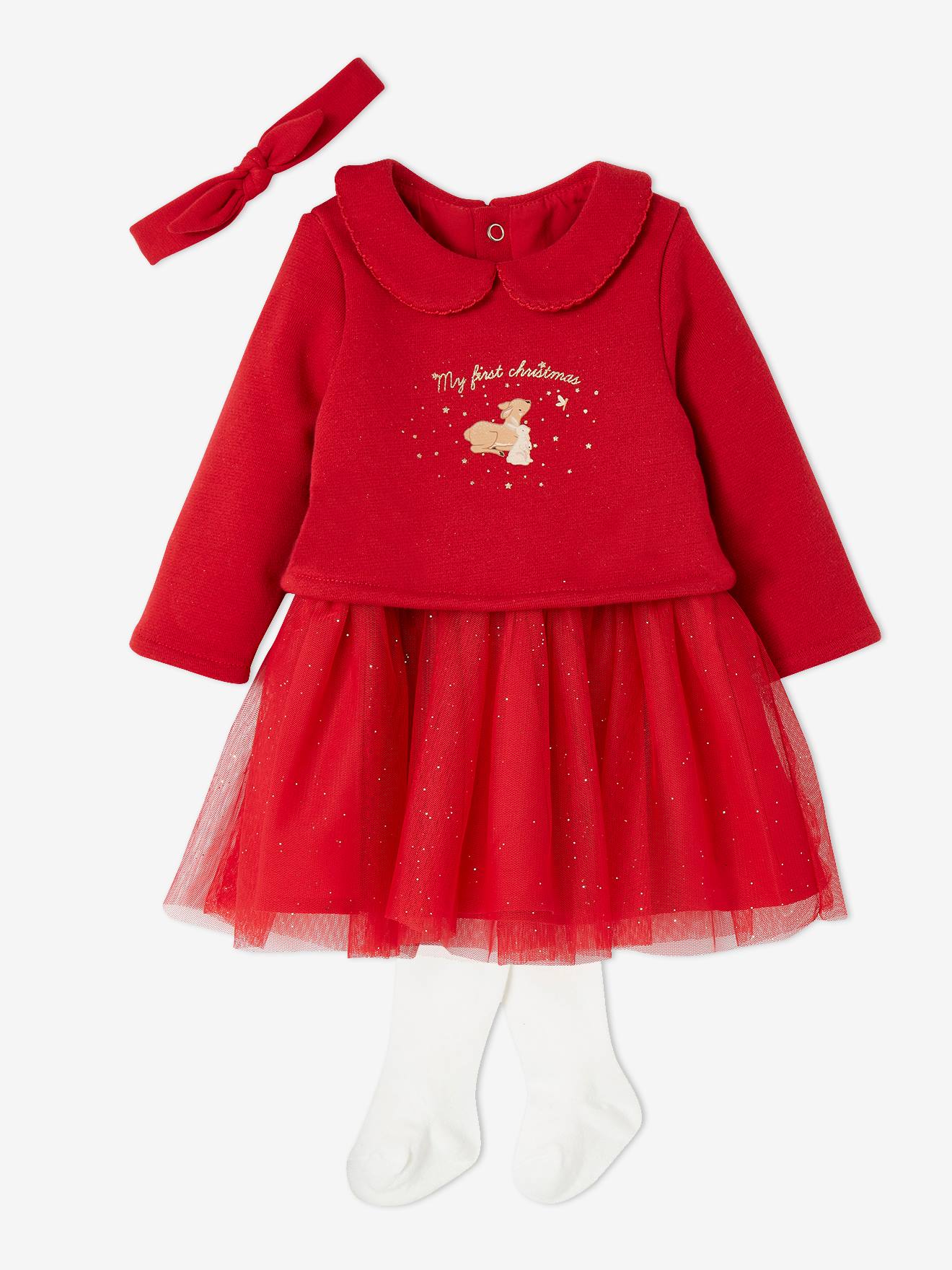 Ensemble Noël bébé : robe, bandeau et collants - rouge, Bébé