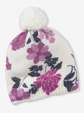 Girls-Accessories-Fine Knit Beanie with Flower Print for Girls