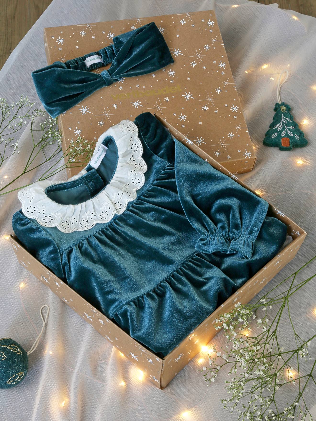 Coffret cadeau de Noël robe velours + bandeau bébé fille - vert émeraude,  Bébé