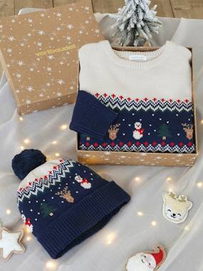 -Coffret de Noël "c'est le pompon" pull jacquard et bonnet à pompon garçon