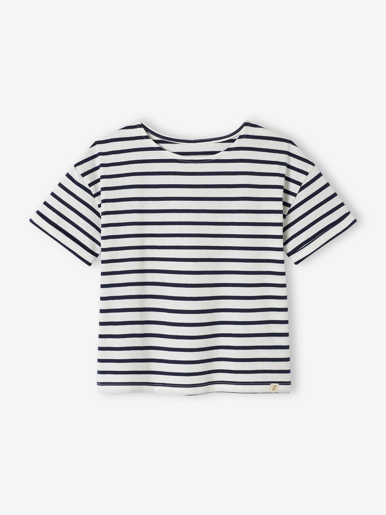 T-shirt Marinière Manches Longues Fille - Rayures Horizontales Et Cœur Irisé