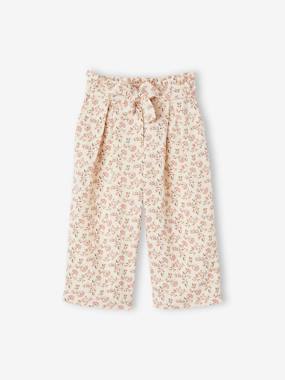 Girls-Cropped, Wide Leg Paperbag Trousers in Cotton Gauze for Girls