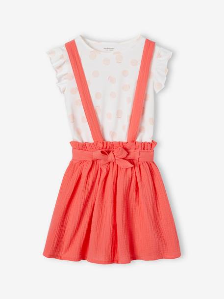 Ensemble fille t-shirt à volants et jupe à bretelles en gaze de coton corail+indigo+lilas+vert sauge+vieux rose - vertbaudet enfant 