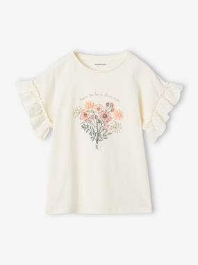 Girls-Tops-T-Shirts-T-Shirt with Bouquet in Relief & Embroidered Sleeves for Girls