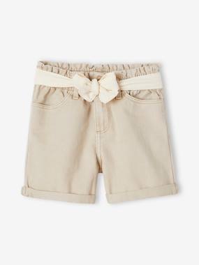 -Paperbag Shorts in Cotton Gauze, with Belt, for Girls