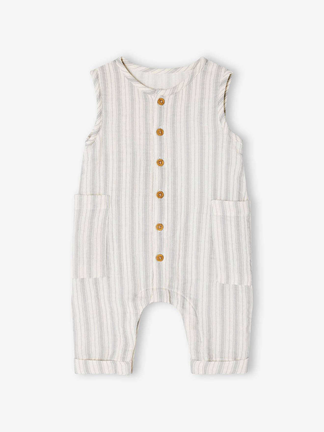 Salopette Beige Combinaison Bébé Vertbaudet - Gaze De Coton Écru Brodée - Sans Manches - Taille 12M (74cm) Vêtement Naissance Gaze