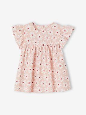 Girls-Blouses, Shirts & Tunics-Blouse with Flower Motifs & Short Ruffled Sleeves for Girls