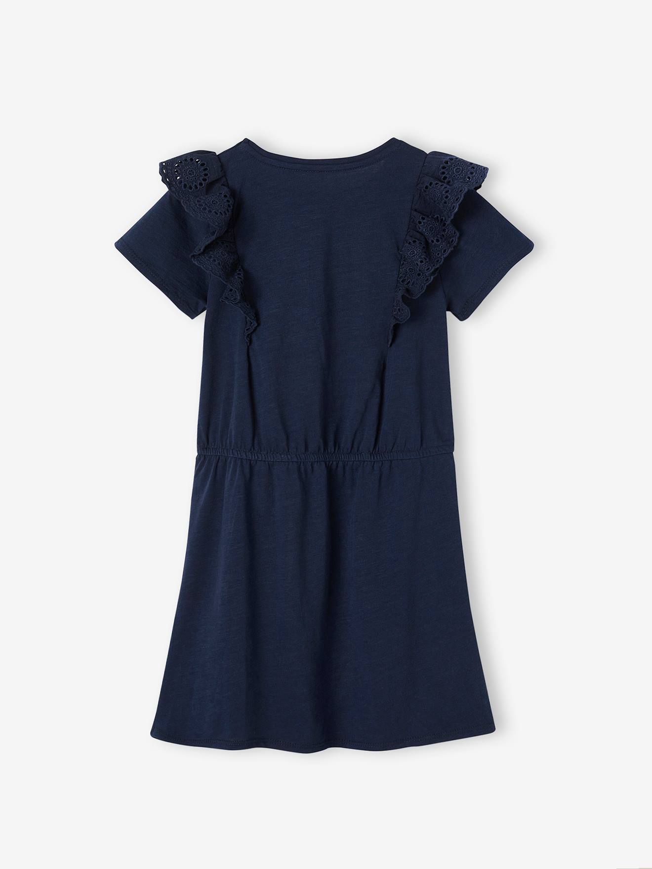 Ruffled Dress in Broderie Anglaise, for Girls - navy blue, Girls Ruffled Dress in Broderie Anglaise, for Girls - navy blue, Girls