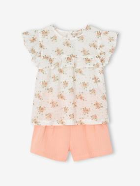 Girls-Outfits-Occasion Wear Outfit: Blouse with Ruffles & Shorts in Cotton Gauze, for Girls