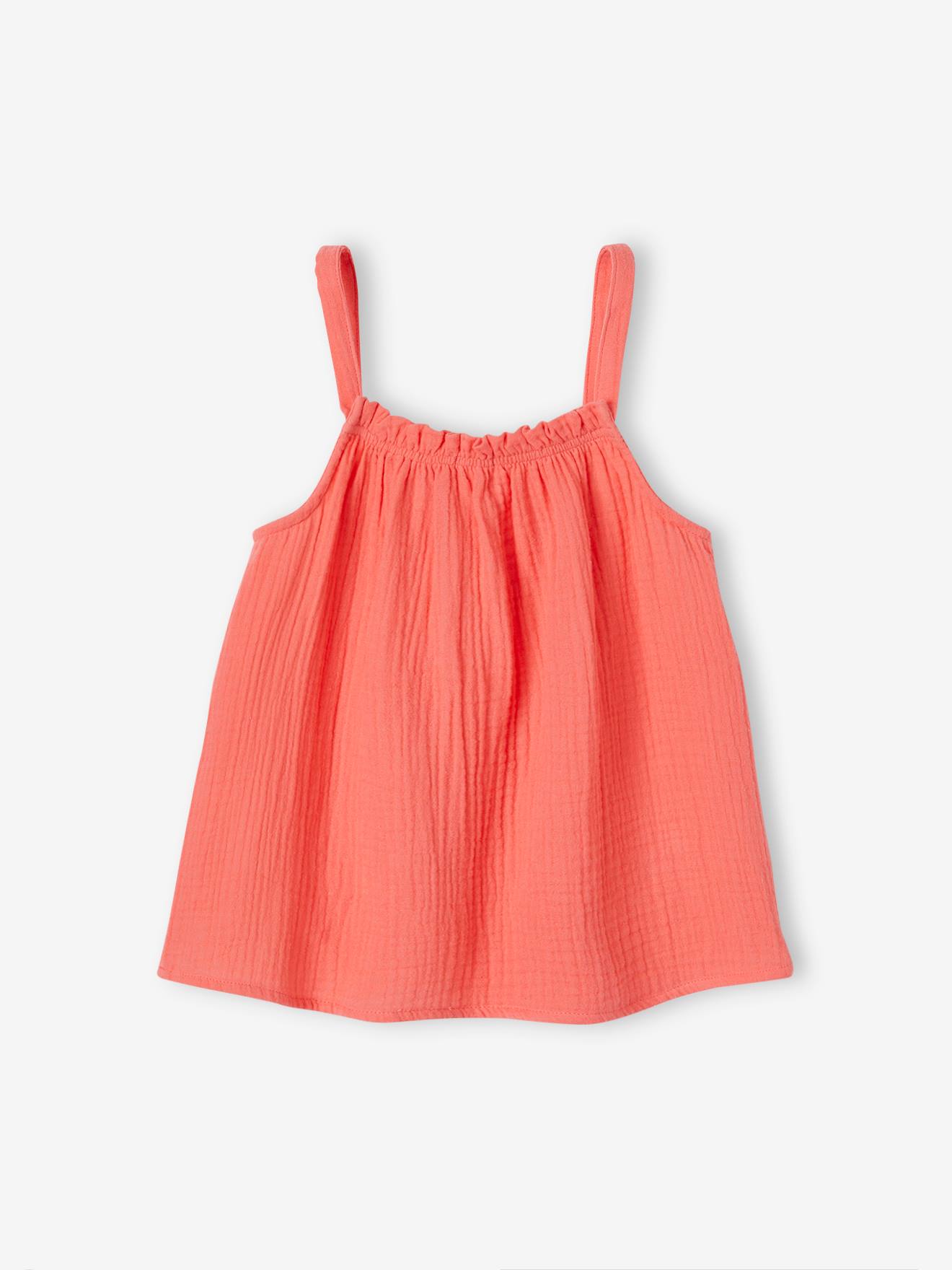 Blouse à bretelles en gaze de coton fille corail fluo, Fille