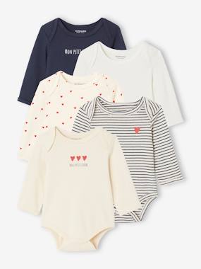 Baby-Bodysuits-Pack of 5 Long Sleeve Bodysuits in Organic Cotton with Cutaway Shoulders for Babies